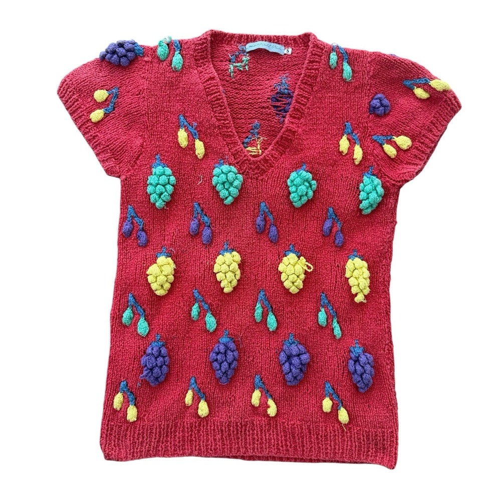 Vintage 80s Hand Knit 3D Fruit Sweater Top Grapes Cherries Novelty Crochet Small
